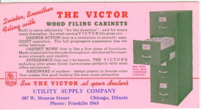 c1944 Victor Wood Filing Cabinets ad blotter - Utility Supply, Chicago, Illinois