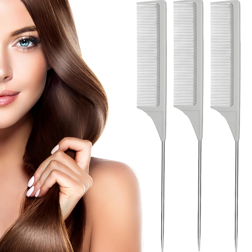 3 Packs Rat Tail Comb Steel Pin Rat Tail Carbon Fiber Heat Resistant Teasing Com
