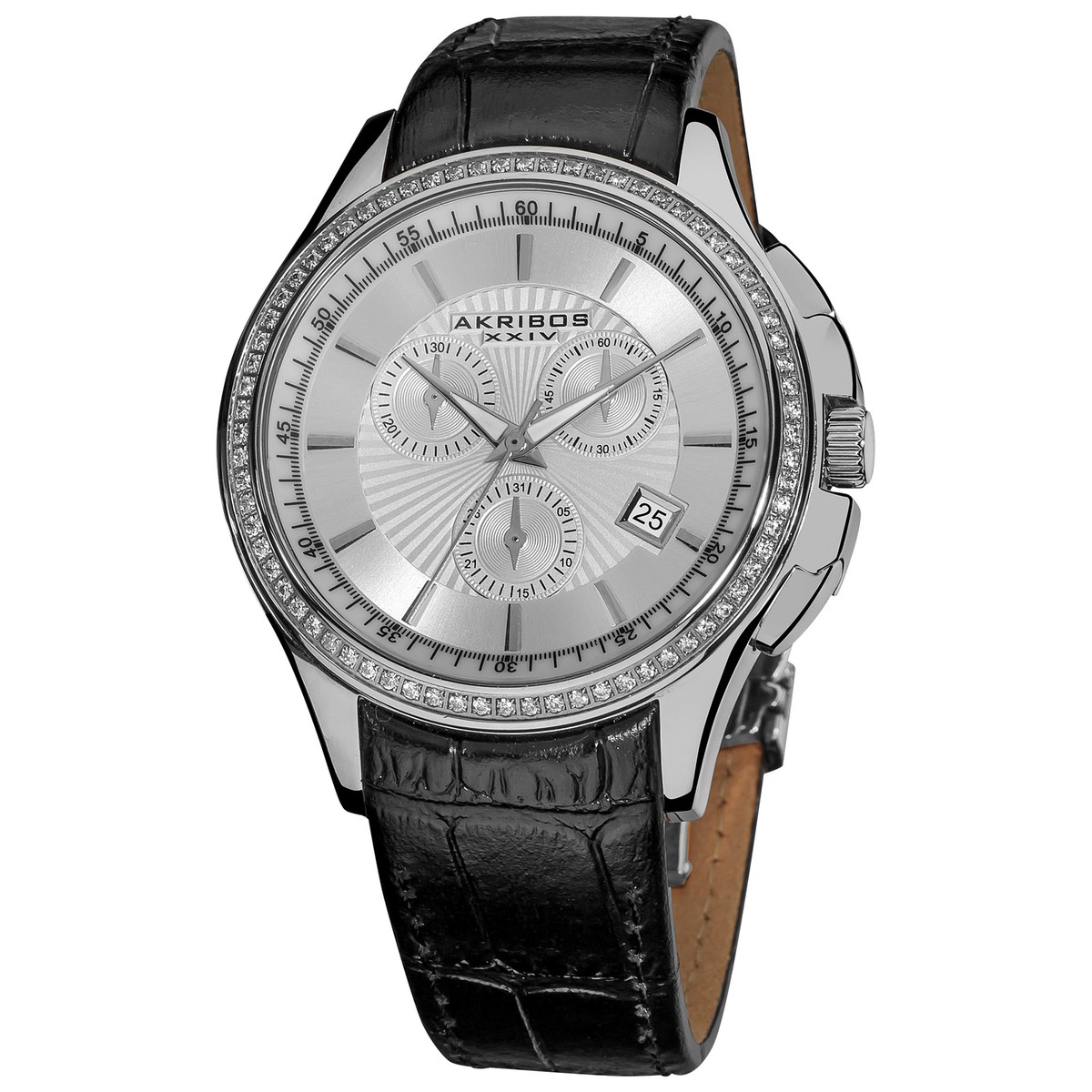Akribos XXIV Black Leather Strap Watch with Silver Crystal Bezel Akribos XXIV Ladies Diamond Swiss Stainless Steel Black Dial  main image 4