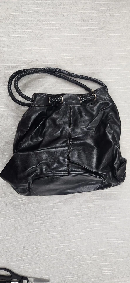 Nine West Black Faux Leather Bucket Bag Braided Double Handle Lined - Image 2 of 4