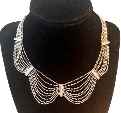 Beaded Necklace Crystal Bib Cleopatra Style Silver-toned Slinky Choker