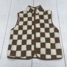 Checkerboard Fleece Vest Womens Medium Brown Cream Sherpa Zip Front Cozy