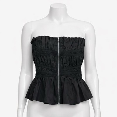 Women Fashion Forni Black Strapless Corset Top Ruched Zip Front Peplum Sz M Y2K