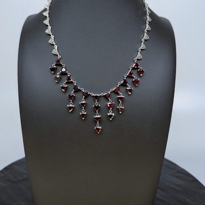 Sterling Silber 925 Granat Markasit Halsreif Halskette rot baumelt Fransen