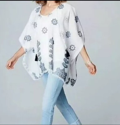 J. Jill Ocean Breeze Botanical Embroidered Jacquard Tassel Poncho Size OS