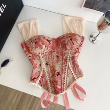 Corsetto Donna Jacquard Floreale Rosa Con Pizzo E Spalline In Tulle CF64011