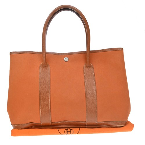 HERMES Garden Party PM Hand Bag Toile Officier Canvas Leather Orange 57RP184