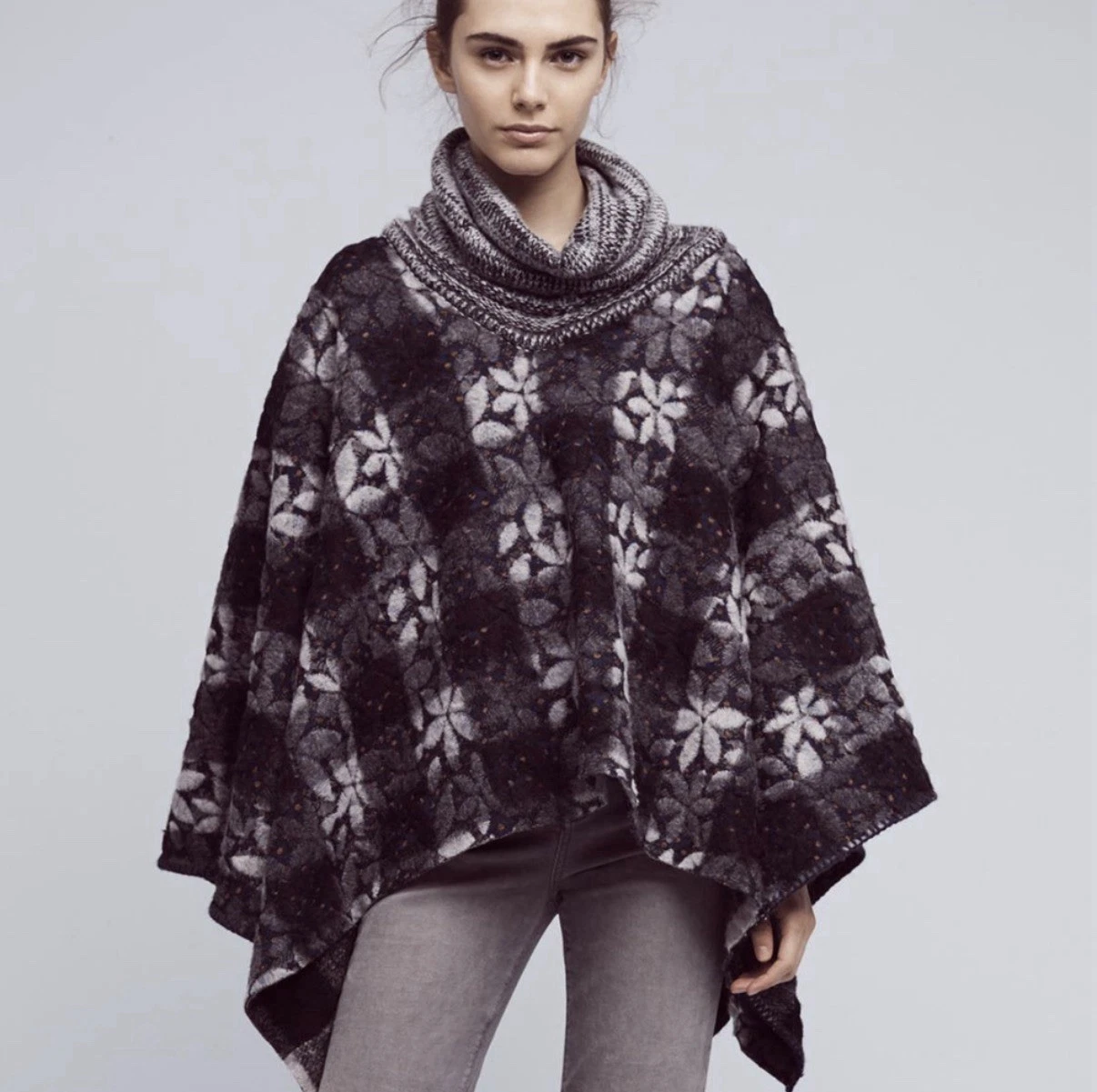Anthropologie Wintertide Reversible Poncho Wool Blend Sweater Floral Checkered