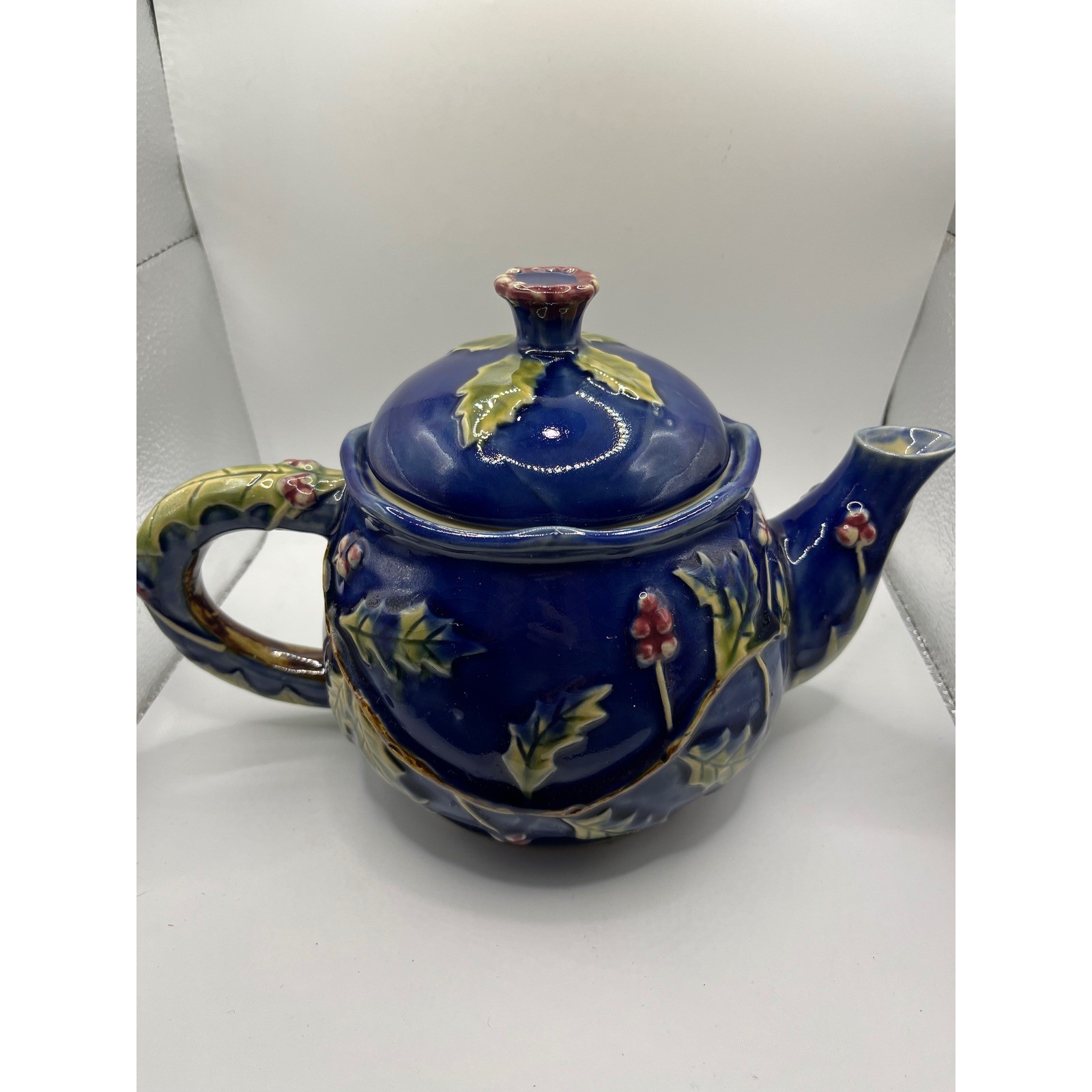 Collectible Ceramic Teapot, Dark Blue, Holly Leaves & Berries Design