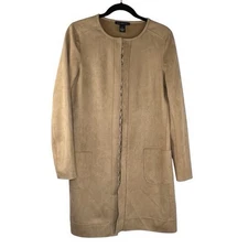 Joan Vass Womens M Soft Faux Suede Cardigan Carmel Long Coat Minimalistic