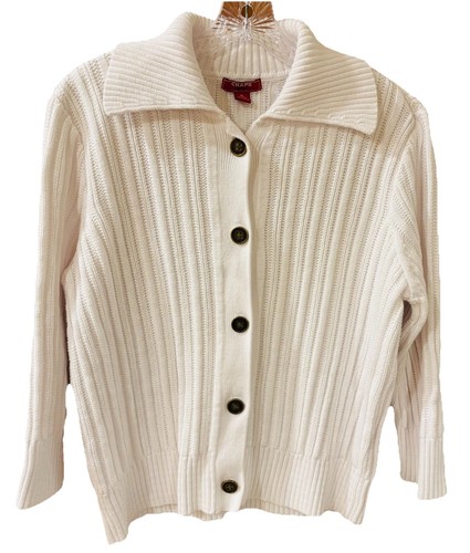 CHAPS Denim Sweater Cardigan Womens XL Cotton Button 3/4 Sleeve Ribbed White $65