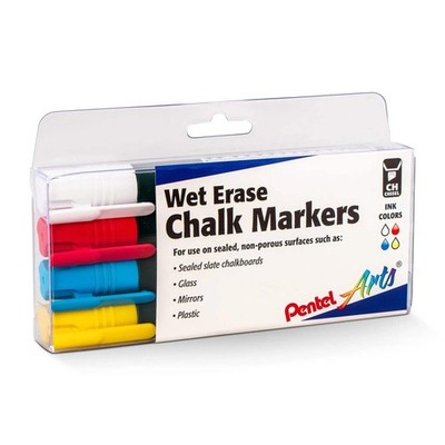 Pentel Wet Erase Chalk Marker Set, Chisel Tip, Assorted (WYCB) 4-Pk Plastic BOX