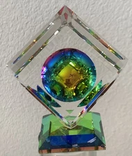 VTG Dichroic Optical Cube Iridescent Crystal Glass Beveled Sculpture 3”x4” T