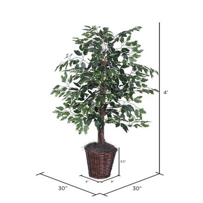 Pemberly Row 4' Artificial Variegated Ficus Bush w/ Rattan Basket in Green/White