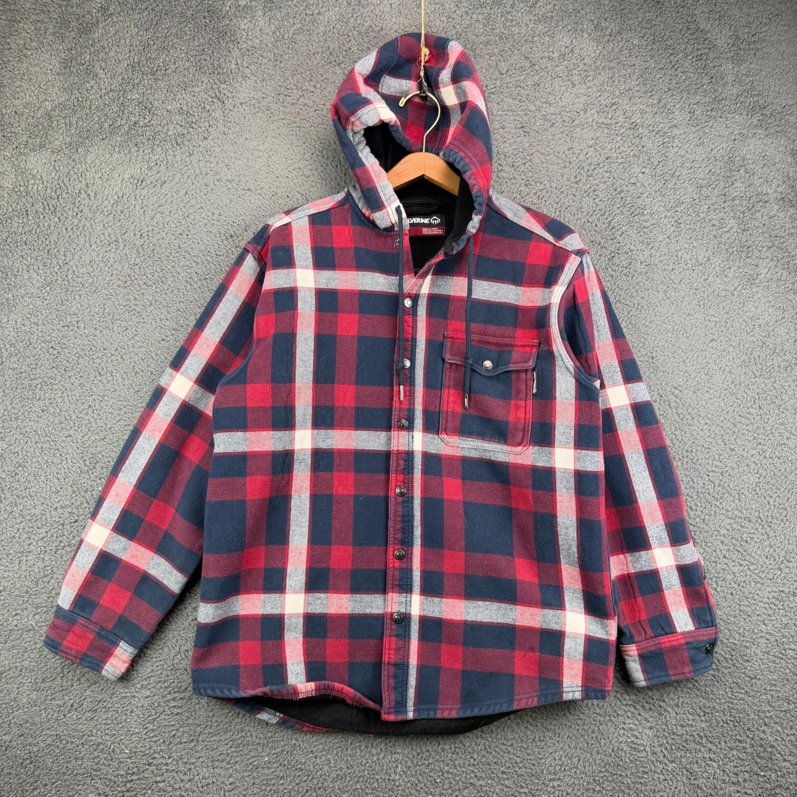 Wolverine Mens Plaid Hooded Flannel Shirt Jacket Red Navy Blue Fleece Lined L