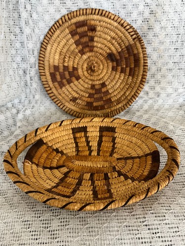 TWO Beautiful VINTAGE PAPAGO INDIAN Baskets-T0HON0 0'dham. TRAY 10" + DISH 8.5"