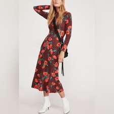 Free People Retro Romance Midi Dress Leopard Floral Chocolate Size Small