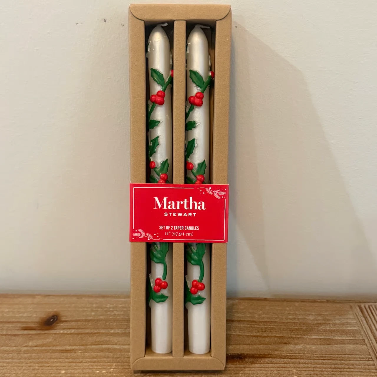 Martha Stewart Set of 2 Taper Christmas Candles Holly Berries 11" NWT image 1