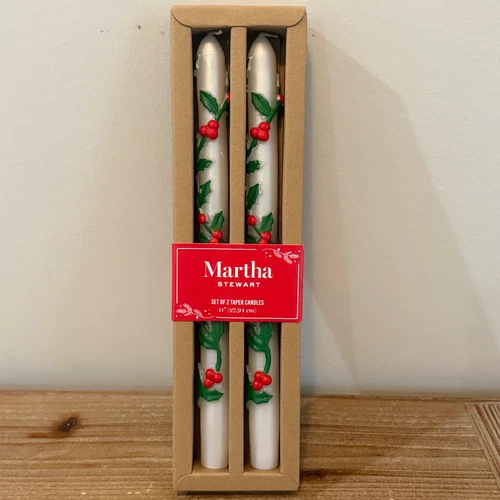 Martha Stewart Set of 2 Taper Christmas Candles Holly Berries 11" NWT - product listing photo