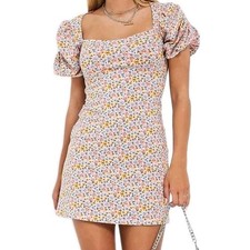 ASOS Design Floral Mini Dress US 6 Yellow Pink Puff Sleeve Ditsy Summer Short