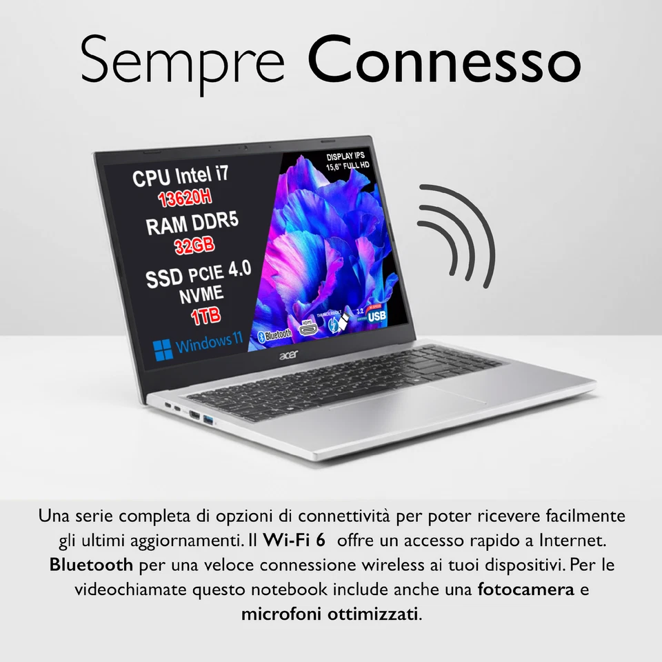 Notebook Acer Aspire Go 15.6" FHD i7-13620H 32GB RAM 1TB SSD Win11 Home Silver - Immagine 3 di 4