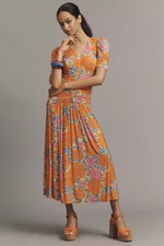 Farm Rio x Anthropologie Short-Sleeve V-Neck Ruched Midi Dress L new with tag