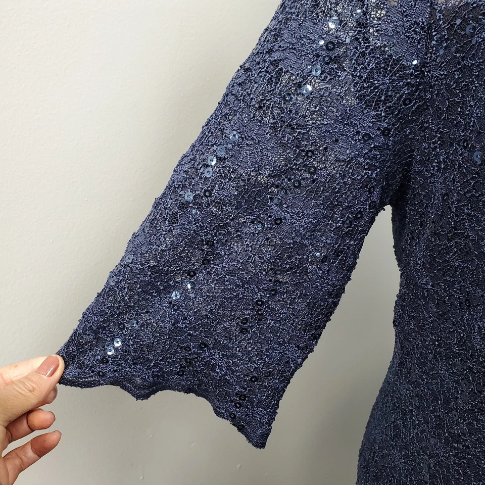 Midnight Velvet Sheath Dress Women's 16 Navy Sequin Lace 3/4 Sleeve Round Neck - Image 4 of 4