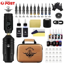 Tuffking Tattoo Machine Kit Wireless Rotary Motor Pen Gun Color Inks Needle OLED