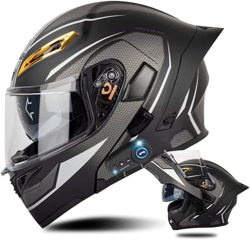 ORZ DOT Bluetooth Modular Motorcycle Helmet - Full Face Dual Lens Flip Up, Clear Rainbow Black