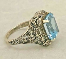 Beautiful Vintage Engraved Sterling Silver Filigree Large Blue Topaz Ring Size 8