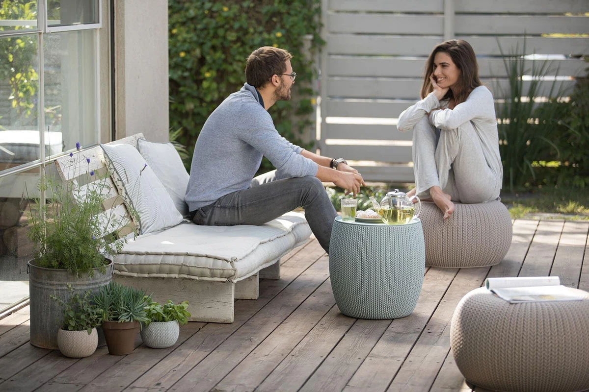 Keter Urban Knit Pouf Ottoman Set of 2 with Storage Table for Patio Balcony Deck
