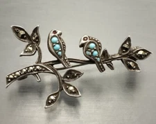 Antique Belle Epoque C.1920 Sterling Silver turquoise Marcasite Bird Brooch