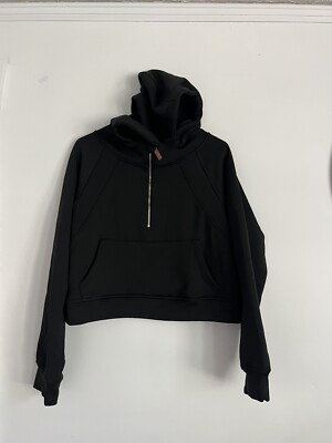 Laslulu Cropped Hoodie Womens Large Black Fleece Lined 1/4 Zip Hand Pockets 