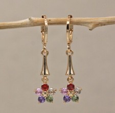 18K Yellow Gold Filled Multicolor CZ Flower Elongated Mini Hoop Dangle Earrings