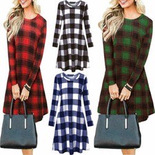 Womens Tartan Check Print Long Sleeve Swing Skater Dress Plus Size 8-24