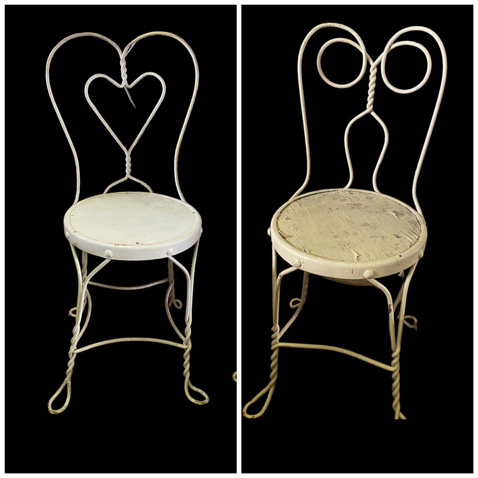 2 Antique Wrought Iron and Wood Ice Cream Parlor Chairs - Shabby Chic!