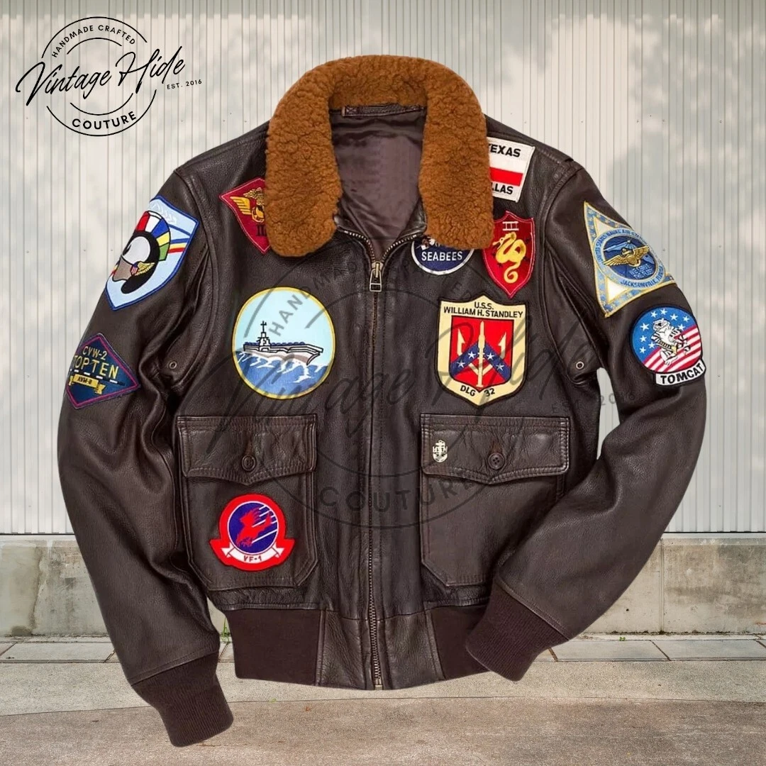 Men's Maverick Top Gun Aviator Pilot Leather Bomber Jacket With Embroidery Patch