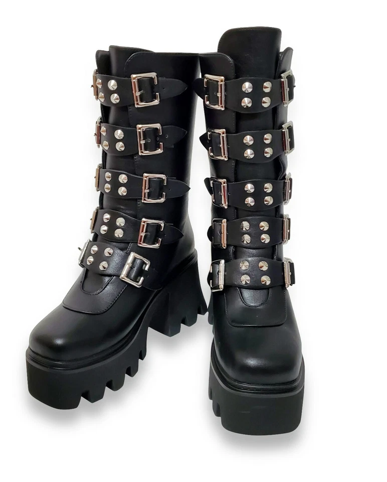 Mujeres Botas de Plataforma Góticas Negras Veganas Combate Gruesas Punk Tachonadas Hebilla de Metal Foto 3 de 4
