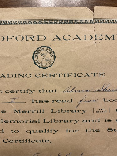 Certificado de lectura del Premio Escolar de la Academia Bradford de 1930 Vermont VT firmado P7b - Imagen 5 de 17