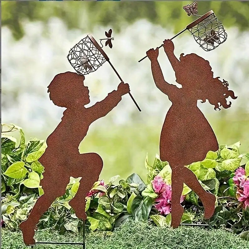 Decorazioni Giardino Metallo Ruggine | Coppia Bambini Silhouette Grande