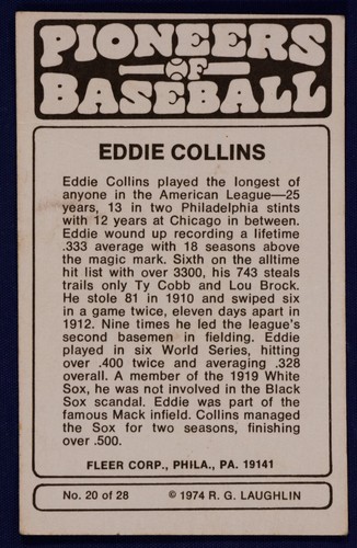 1975 Fleer Pioneers #20 Eddie Collins FR/GD - Picture 2 of 2