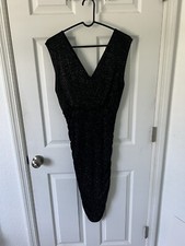 Alice Olivia Dress Womens M Black With Gold Sparkles Wrap Ruched Bodycon V neck