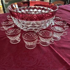 INDIANA GLASS Whitehall Colony Ruby Flash Punch Bowl Set, 12 Cups, Exc Cond.