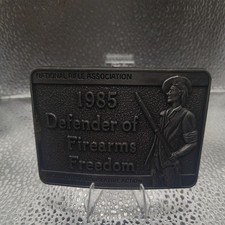 VTG NRA BELT BUCKLE--"1985 DEFENDER OF FIREARMS FREEDOM" 3/5" X 2.5"