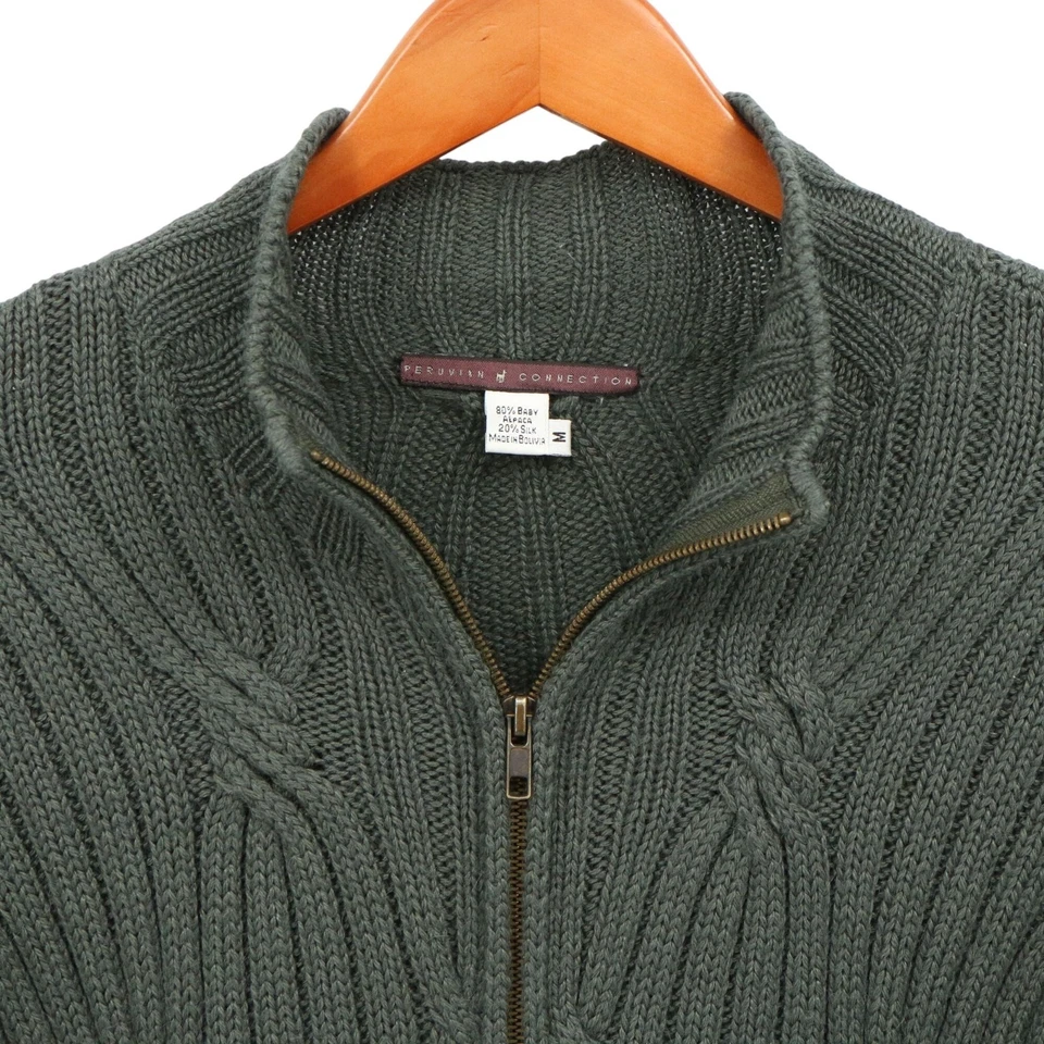 Peruvian Connection Men's Baby Alpaca Silk Cable Knit Zip Cardigan Sweater M - Image 2 of 3