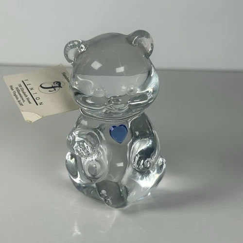 Art Glass Bear Figurine Blue Heart September Birthstone Vintage paperweig Fenton