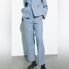 Zara Blue TURNED UP CUFF STRAIGHT LEG PANTS