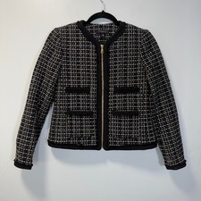 Ann Taylor Petite Black White Wool Blend Tweed Zip Front Jacket 0P 348385 Offce