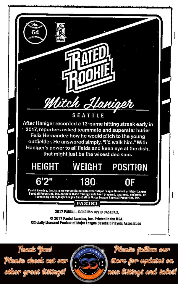 Mitch Haniger Rookie 2017 Donruss Optic #64 Seattle Mariners - Image 2 of 4