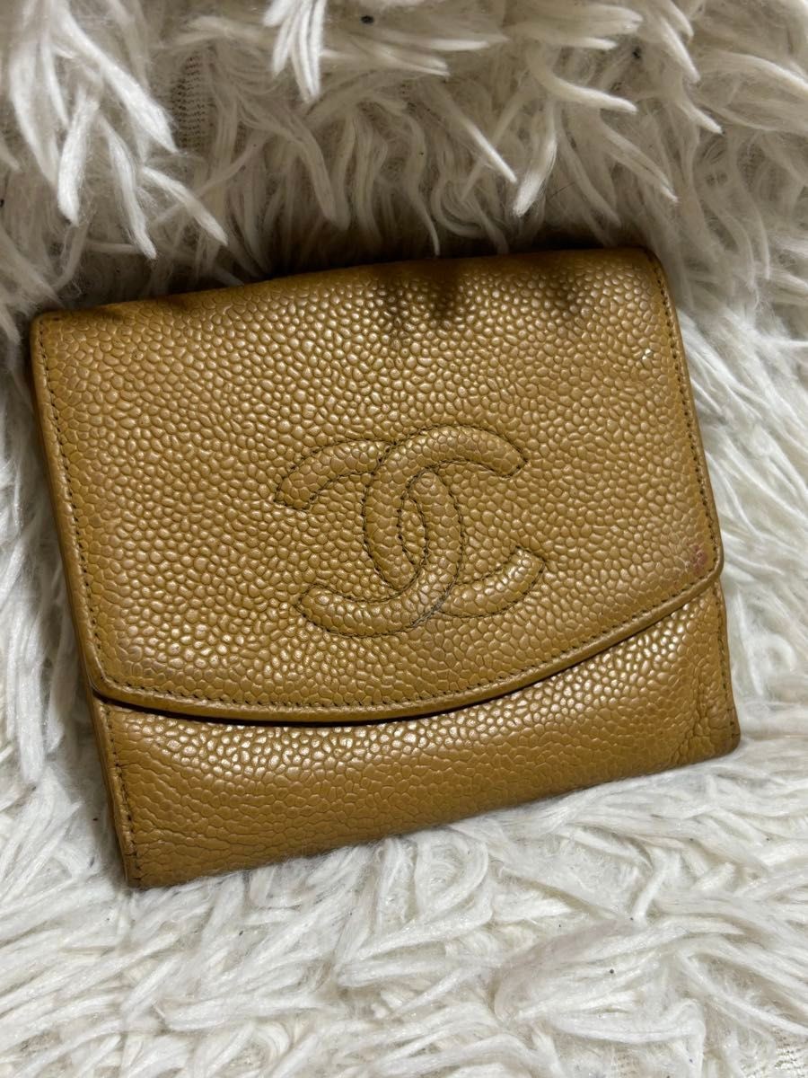 CHANEL Coco Mark Caviar Skin Bi fold Wallet Beige YP484725